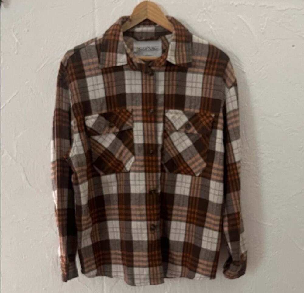 RSQ Brown White and Orange Plaid Long Sleeve Button-Down Flannel Shirt with Dual